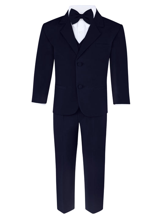 Boys Navy Blue 6-Piece Suit Set - Includes Suit Jacket, Dress Pants, Matching Vest, White Dress Shirt, Neck Tie & Bow Tie