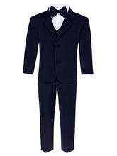 Load image into Gallery viewer, Boy&#39;s Navy Blue 6-Piece Suit Set - Includes Suit Jacket, Dress Pants, Matching Vest, White Dress Shirt, Neck Tie &amp; Bow Tie
