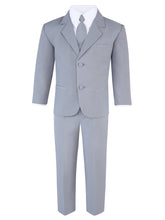 Load image into Gallery viewer, Boy&#39;s Gray 6-Piece Suit Set - Includes Suit Jacket, Dress Pants, Matching Vest, White Dress Shirt, Neck Tie &amp; Bow Tie
