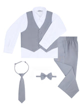 Load image into Gallery viewer, Boy&#39;s Gray 6-Piece Suit Set - Includes Suit Jacket, Dress Pants, Matching Vest, White Dress Shirt, Neck Tie &amp; Bow Tie
