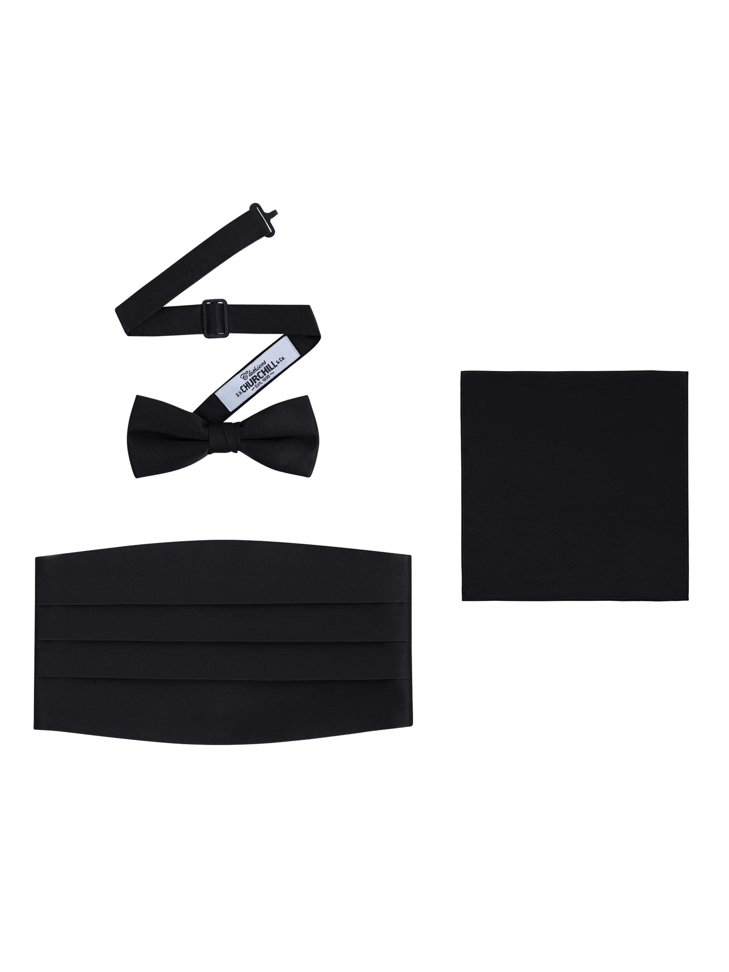 Black Satin Formal Accessory Set with Bow Tie, Cummerbund & Pocket Hanky by S.H.Churchill