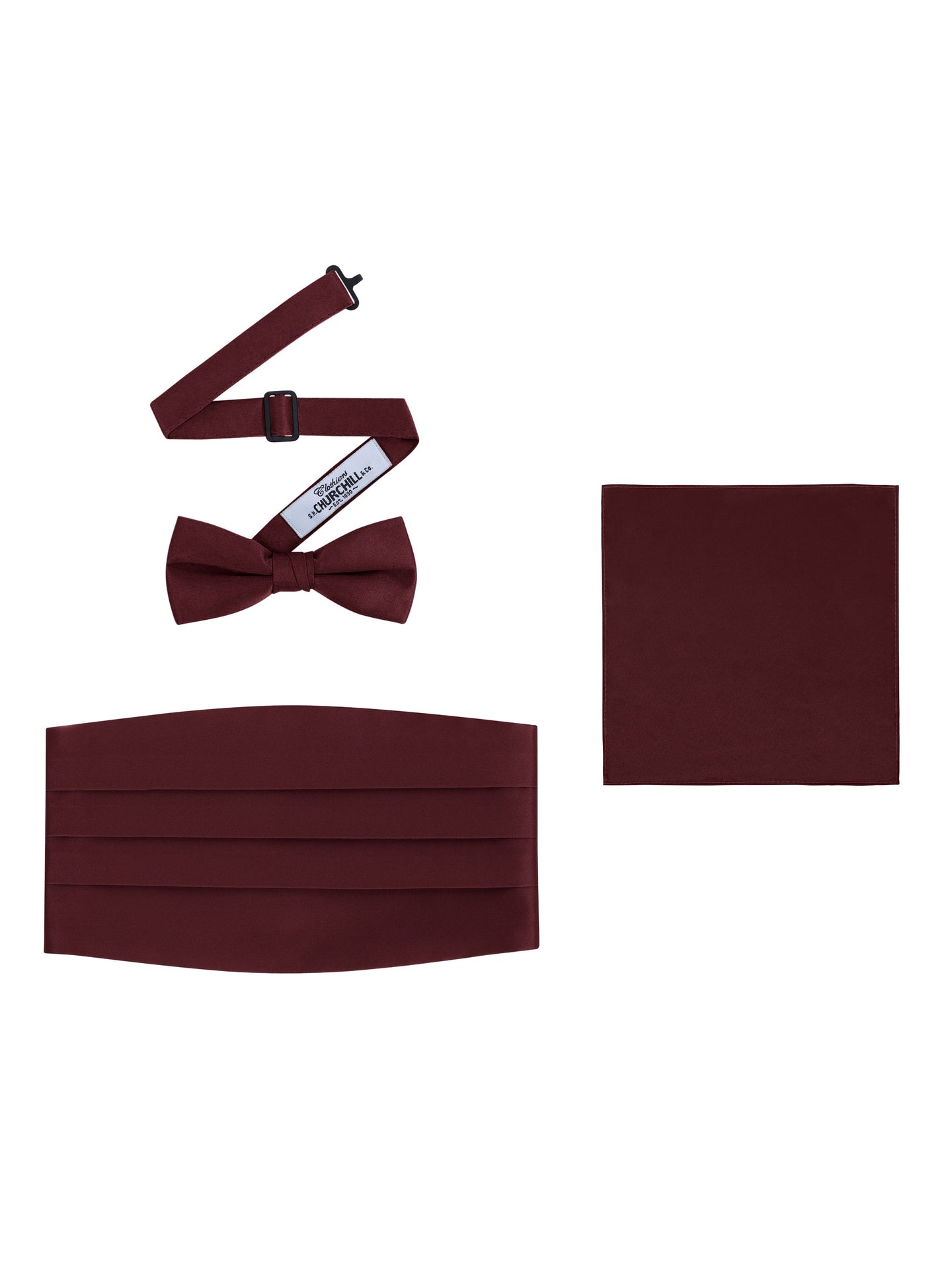 Burgundy Satin Formal Accessory Set with Bow Tie, Cummerbund & Pocket Hanky by S.H.Churchill