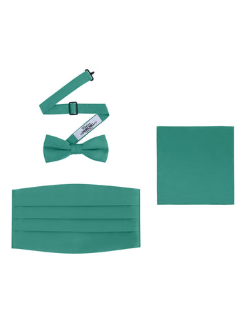 Emerald Green Satin Formal Accessory Set with Bow Tie, Cummerbund & Pocket Hanky