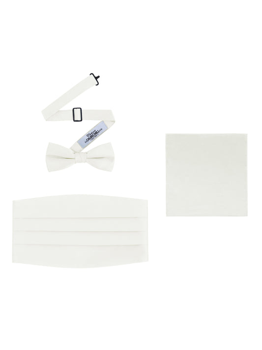 Ivory  Satin Formal Accessory Set with Bow Tie, Cummerbund & Pocket Hanky