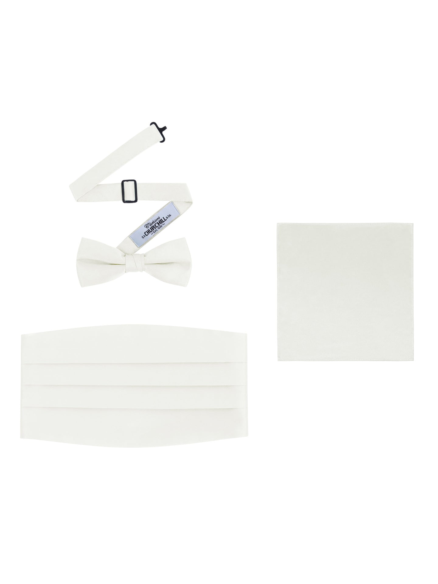 Ivory  Satin Formal Accessory Set with Bow Tie, Cummerbund & Pocket Hanky by S.H.Churchill