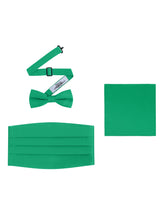 Load image into Gallery viewer, Kelly Green  Satin Formal Accessory Set with Bow Tie, Cummerbund &amp; Pocket Hanky by S.H.Churchill
