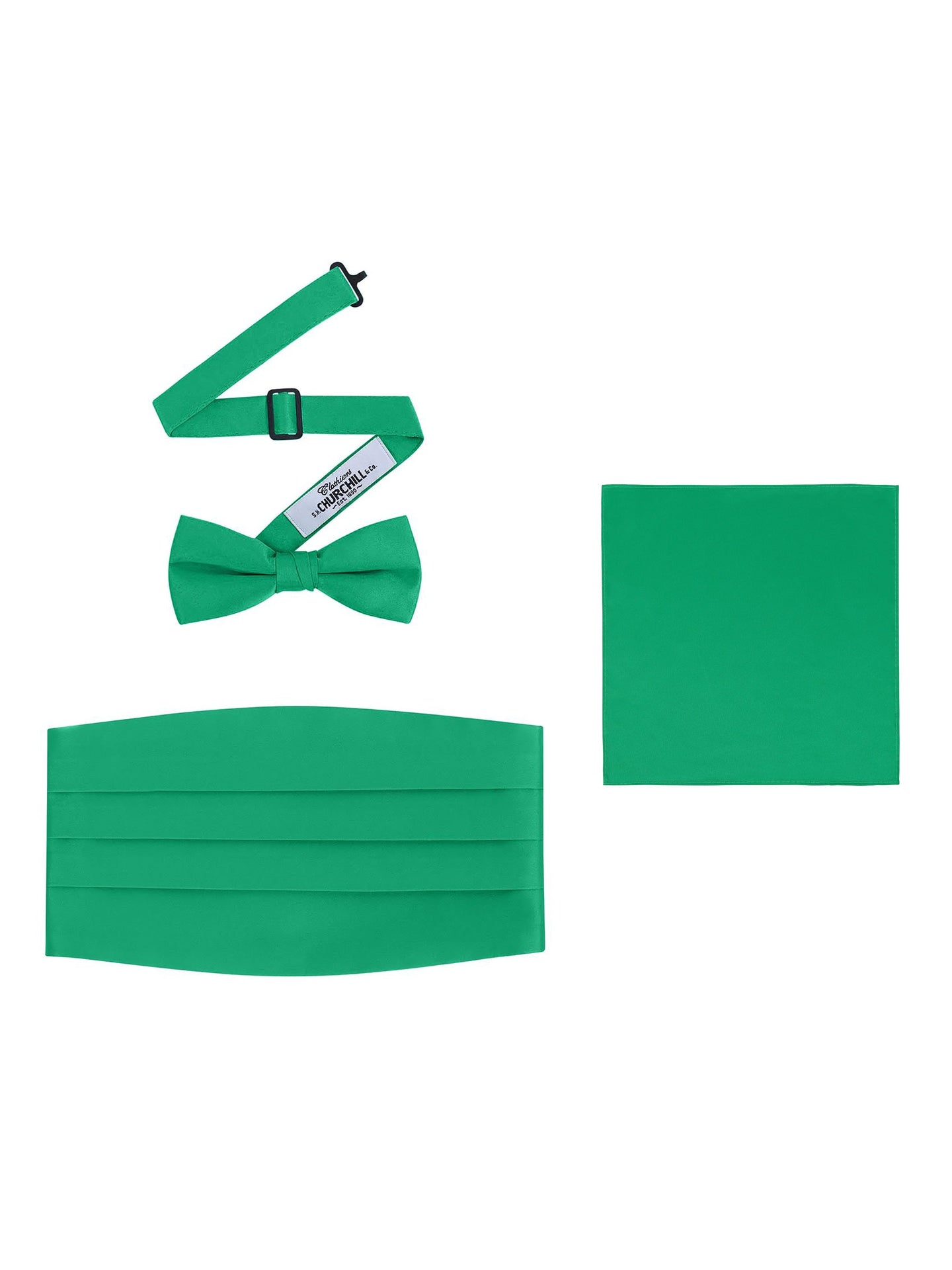 Kelly Green  Satin Formal Accessory Set with Bow Tie, Cummerbund & Pocket Hanky by S.H.Churchill