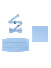 Load image into Gallery viewer, Light Blue Satin Formal Accessory Set with Bow Tie, Cummerbund &amp; Pocket Hanky by S.H.Churchill
