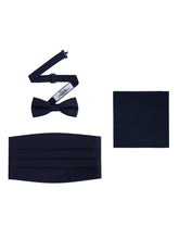 Load image into Gallery viewer, Navy Blue Satin Formal Accessory Set with Bow Tie, Cummerbund &amp; Pocket Hanky by S.H.Churchill
