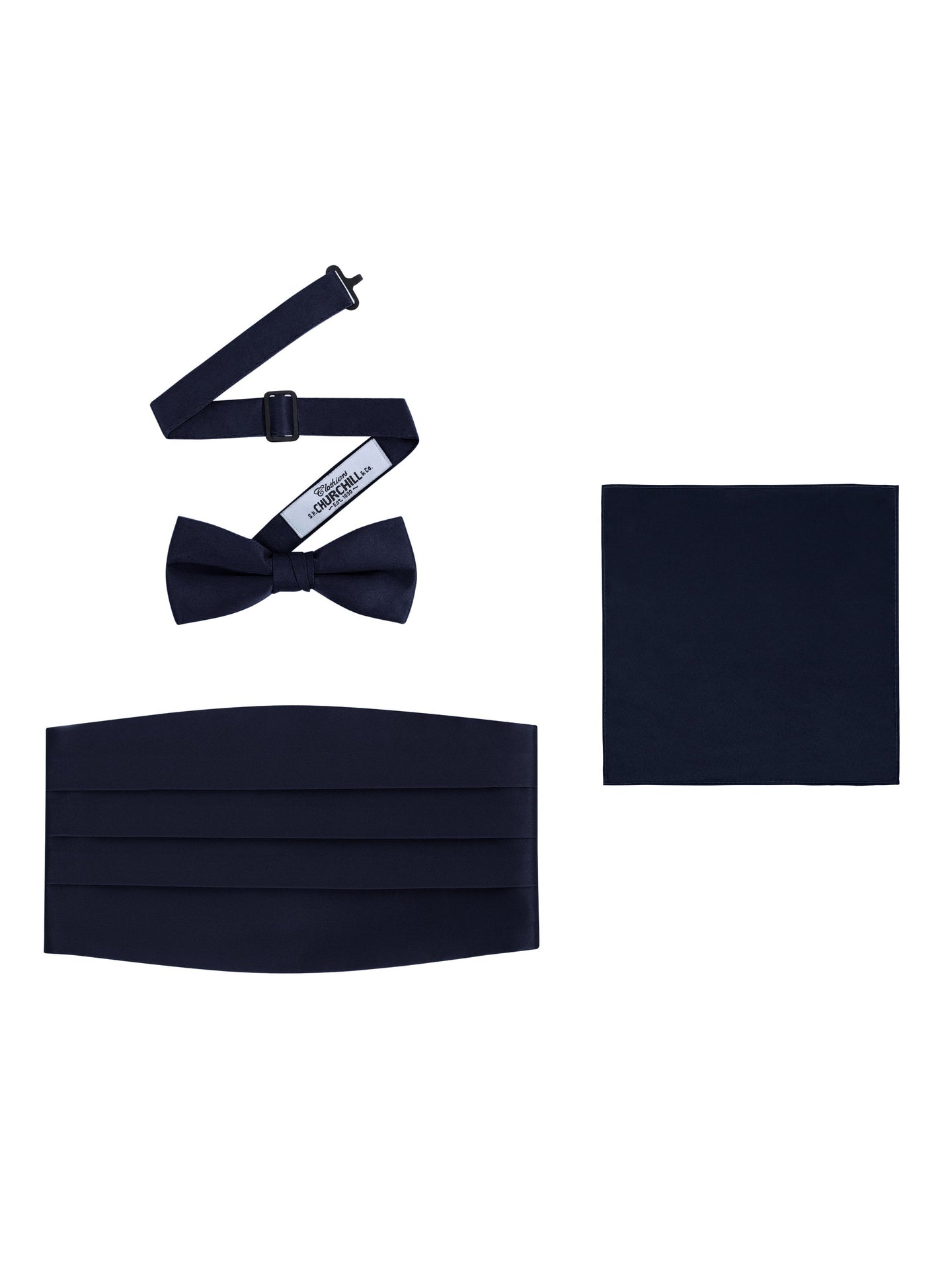 Navy Blue Satin Formal Accessory Set with Bow Tie, Cummerbund & Pocket Hanky by S.H.Churchill