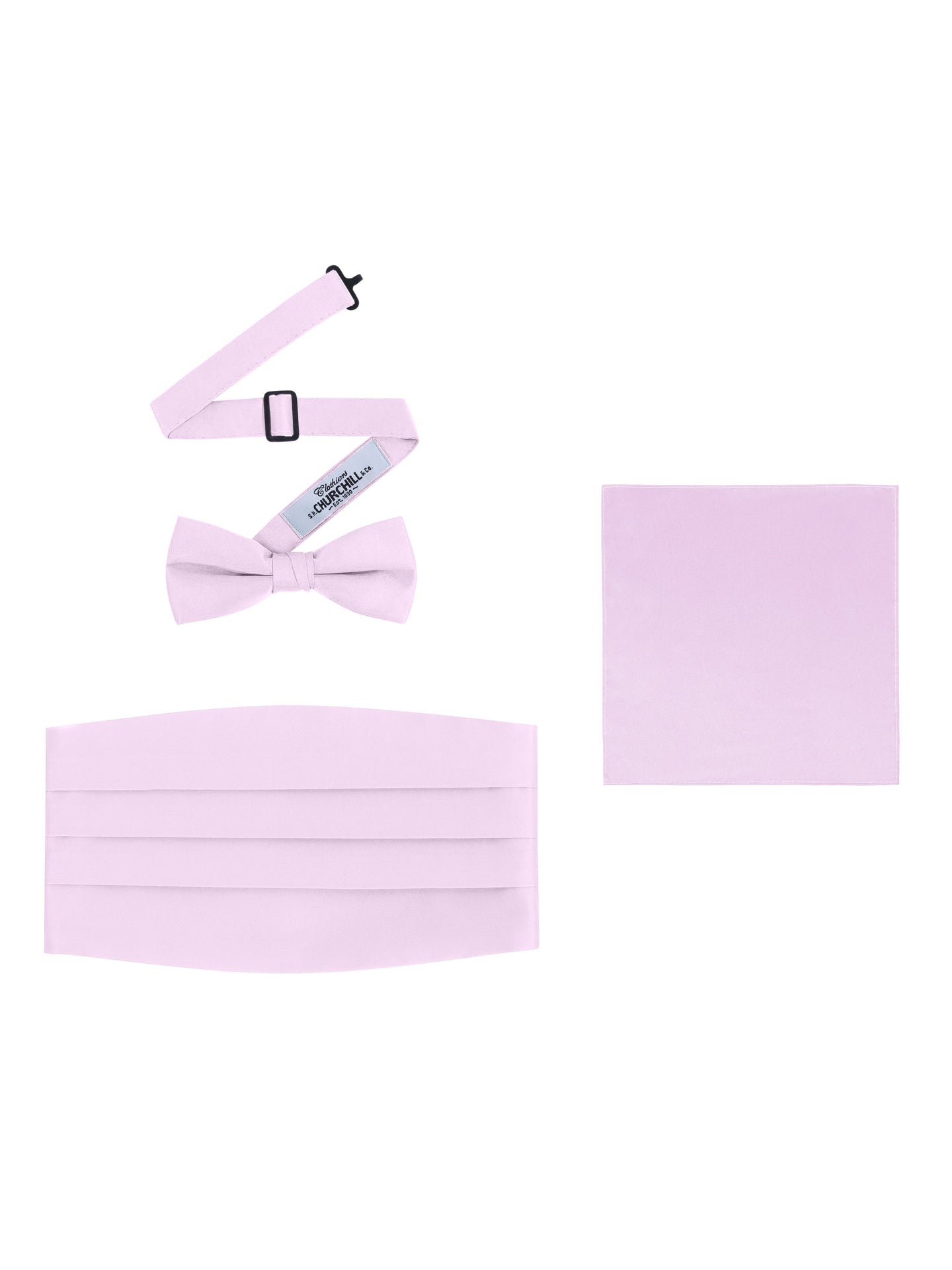 Pink Satin Formal Accessory Set with Bow Tie, Cummerbund & Pocket Hanky by S.H.Churchill