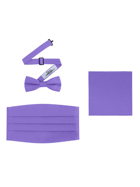 Purple Satin Formal Accessory Set with Bow Tie, Cummerbund & Pocket Hanky