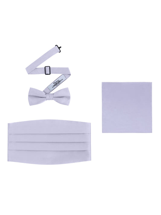 SIlver Satin Formal Accessory Set with Bow Tie, Cummerbund & Pocket Hanky