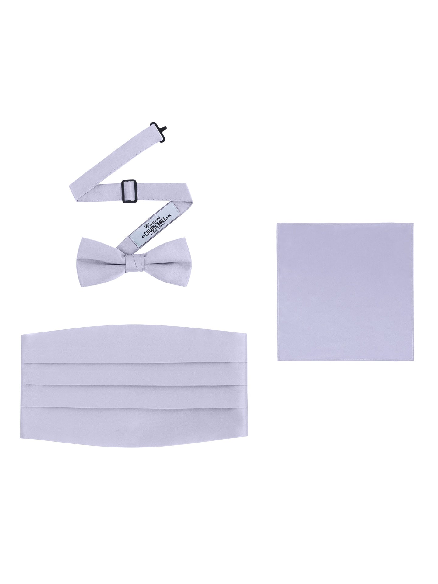 SIlver Satin Formal Accessory Set with Bow Tie, Cummerbund & Pocket Hanky by S.H.Churchill