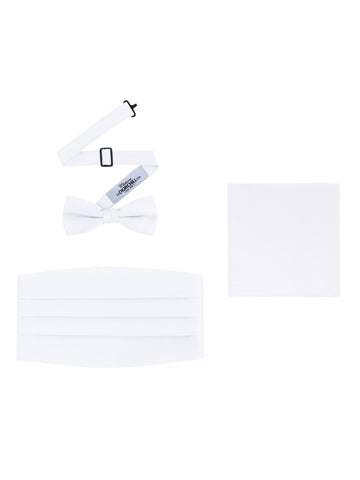 White Satin Formal Accessory Set with Bow Tie, Cummerbund & Pocket Hanky