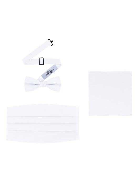 White Satin Formal Accessory Set with Bow Tie, Cummerbund & Pocket Hanky