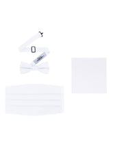 Load image into Gallery viewer, White Satin Formal Accessory Set with Bow Tie, Cummerbund &amp; Pocket Hanky by S.H.Churchill
