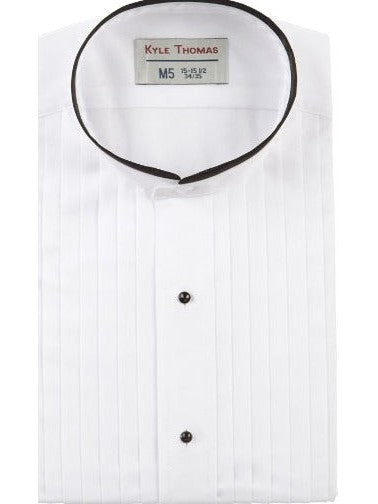 Banded Collar Pleated Tuxedo Shirt with Black Satin Trim