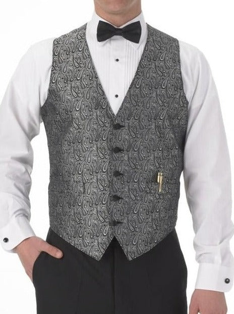 Men's Silver Paisley Print Vest and Tie Set