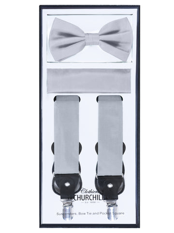 Boys Silver Suspender Set with Bow Tie & Adjustable Suspenders
