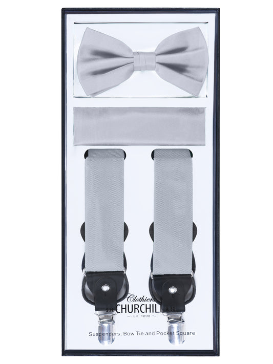 Boys Silver Suspender Set with Bow Tie & Adjustable Suspenders