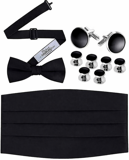 Satin Cummerbund Set with Silver Cufflinks and Studs- Boxed Set