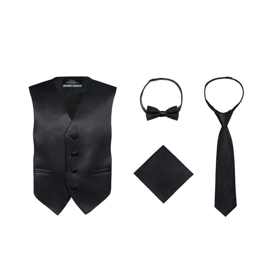 Boys Black 4-Piece Formal Vest Set with Tie, Bow Tie & Pocket Square