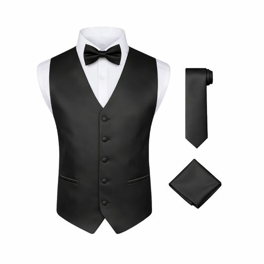 Men’s Black 4-Piece Vest Set – Includes Bow Tie, Neck Tie & Pocket Square