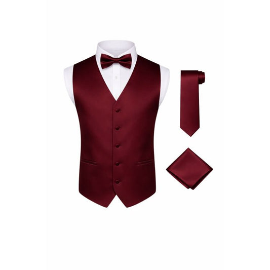 Men’s Burgundy 4-Piece Formal Vest Set with Tie, Bow Tie & Pocket Square
