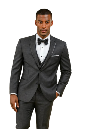 Men's Charcoal 2 Button Notch Wool Blend Tuxedo with Satin Trim Lapel