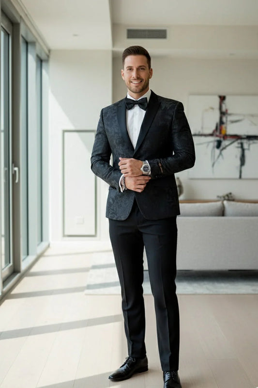 Black Floral Tuxedo Jacket Slim Fit