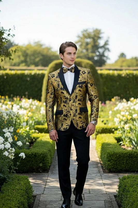 Gold Floral Tuxedo Jacket Slim Fit