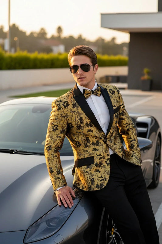 Gold Floral Tuxedo Jacket Slim Fit