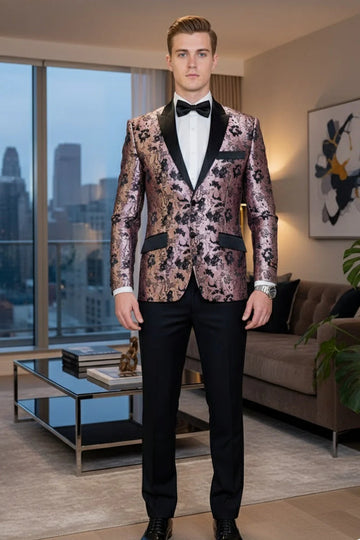 Pink Floral Tuxedo Jacket Slim Fit