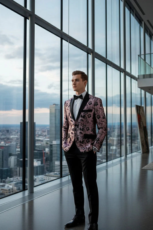 Pink Floral Tuxedo Jacket Slim Fit