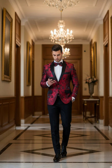 Red Floral Tuxedo Jacket Slim Fit