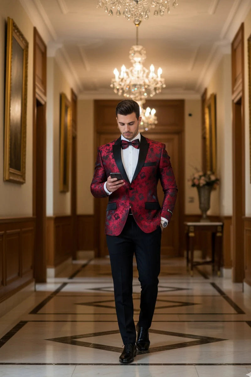 Red Floral Tuxedo Jacket Slim Fit