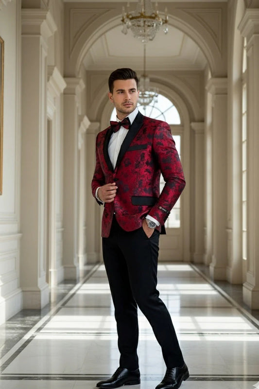 Red Floral Tuxedo Jacket Slim Fit