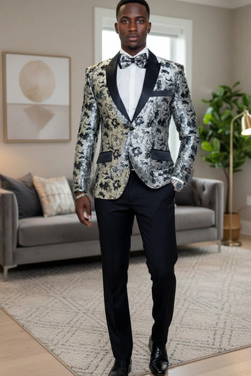 Silver Floral Tuxedo Jacket Slim Fit