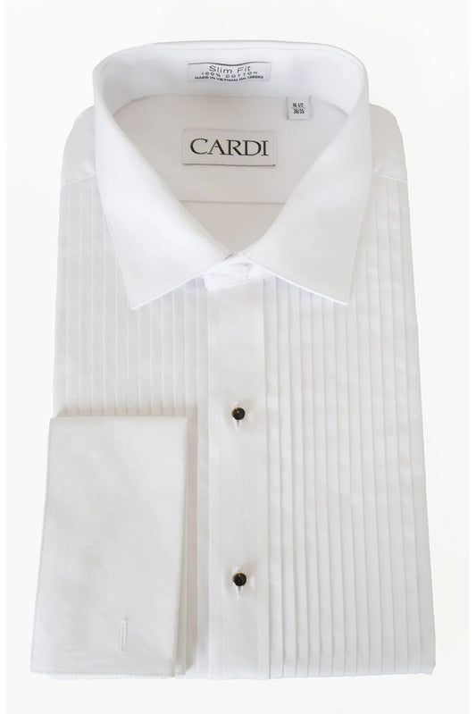 Men's White Laydown Collar Tuxedo Shirt with Pleated Bib
