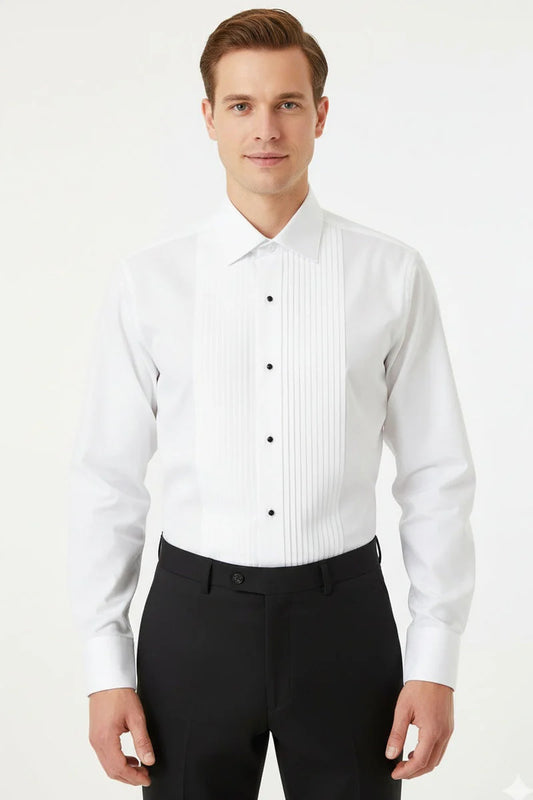 Men's White Laydown Collar Tuxedo Shirt with Pleated Bib