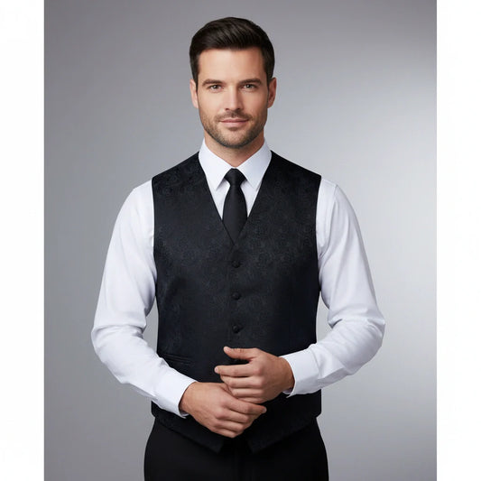 Men's Black Paisley Vest Set, with Bow Tie, Necktie, and Pocket Hanky