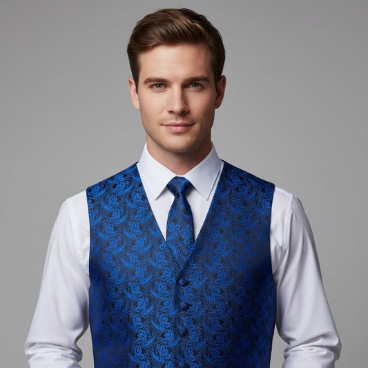 S.H. Churchill & Co. Men's Blue/Black Paisley Vest Set, with Bow Tie, Neck Tie and Pocket Hanky