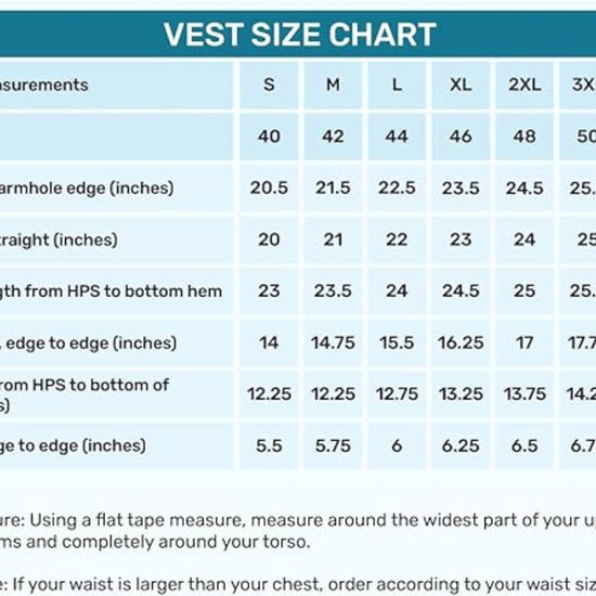 Fine Tuxedos men's vest size chart with chest measurements and vest sizing guide