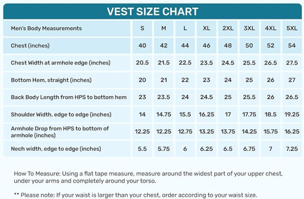 Fine Tuxedos men's vest size chart with chest measurements and vest sizing guide