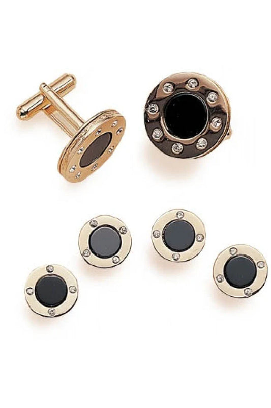Black Circular Onyx with CZ Stones Gold Trim Studs & Cufflinks Set