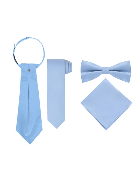 Men's Light Blue 5 Piece Formal Vest Set, with Cravat, Bow Tie, Neck Tie & Pocket Hanky