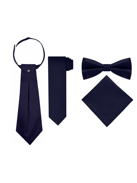 Men’s Navy Blue 5-Piece Formal Tuxedo Vest Set with Cravat, Tie, Bow Tie & Pocket Square