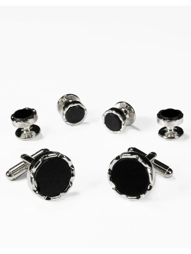 Deco Style Black Onyx with Diamond Cut Edge Cufflinks and Studs