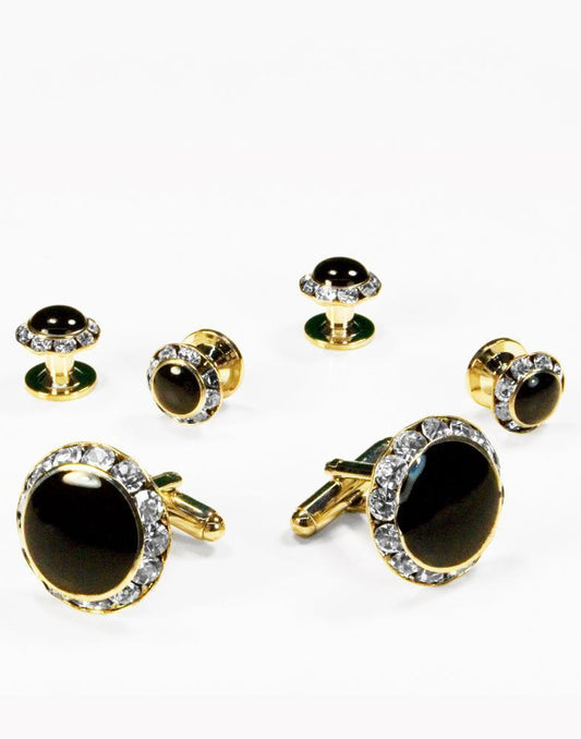 Black Circular Enamel with Rhinestones Gold Edge Studs and Cufflinks Set